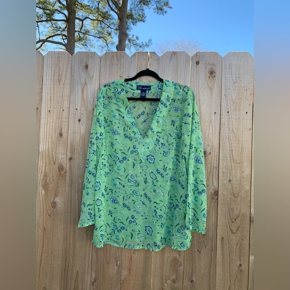 Susan Graver Womens Shirt Medium Green  Floral Long Sleeve Sheer Tunic Blouse - Picture 1 of 6